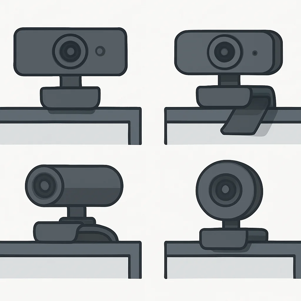 Gros plan sur les designs de différentes webcams et leurs pinces de fixation sur des écrans