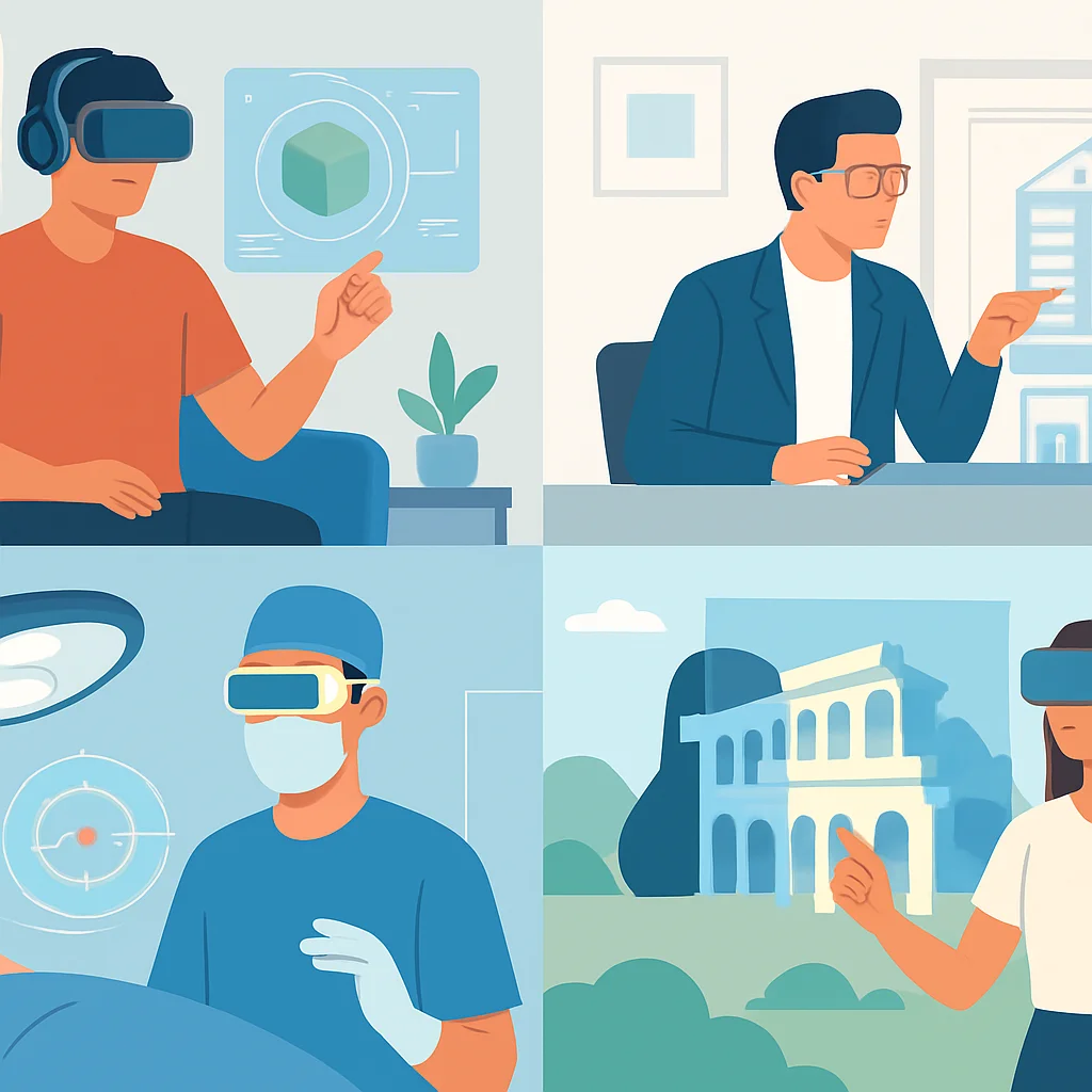 Collage de diverses applications de Spatial Computing dans différents secteurs : un joueur interagissant avec des éléments virtuels dans son salon, un architecte examinant un modèle de bâtiment 3D, un chirurgien utilisant des superpositions AR pendant une opération, et des étudiants explorant un site historique virtuel.