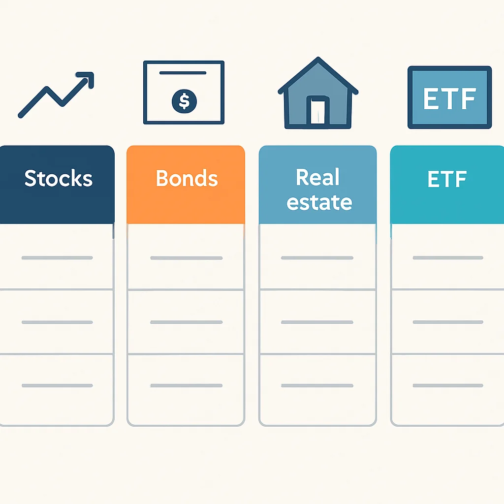 Tableau comparatif des différents véhicules d'investissement (actions, obligations, immobilier, ETF)
