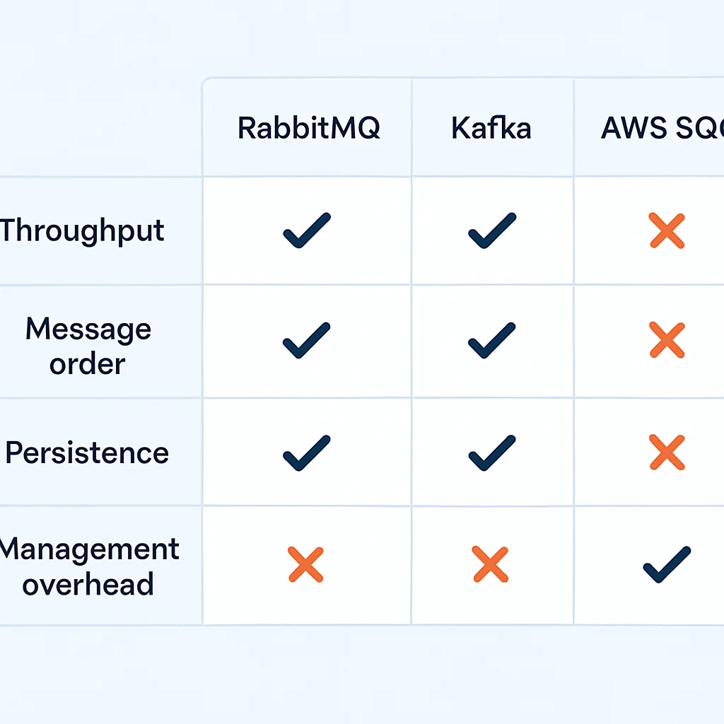 Tableau comparatif des fonctionnalités de RabbitMQ, Kafka et AWS SQS : débit, ordre des messages, persistance, charge de gestion