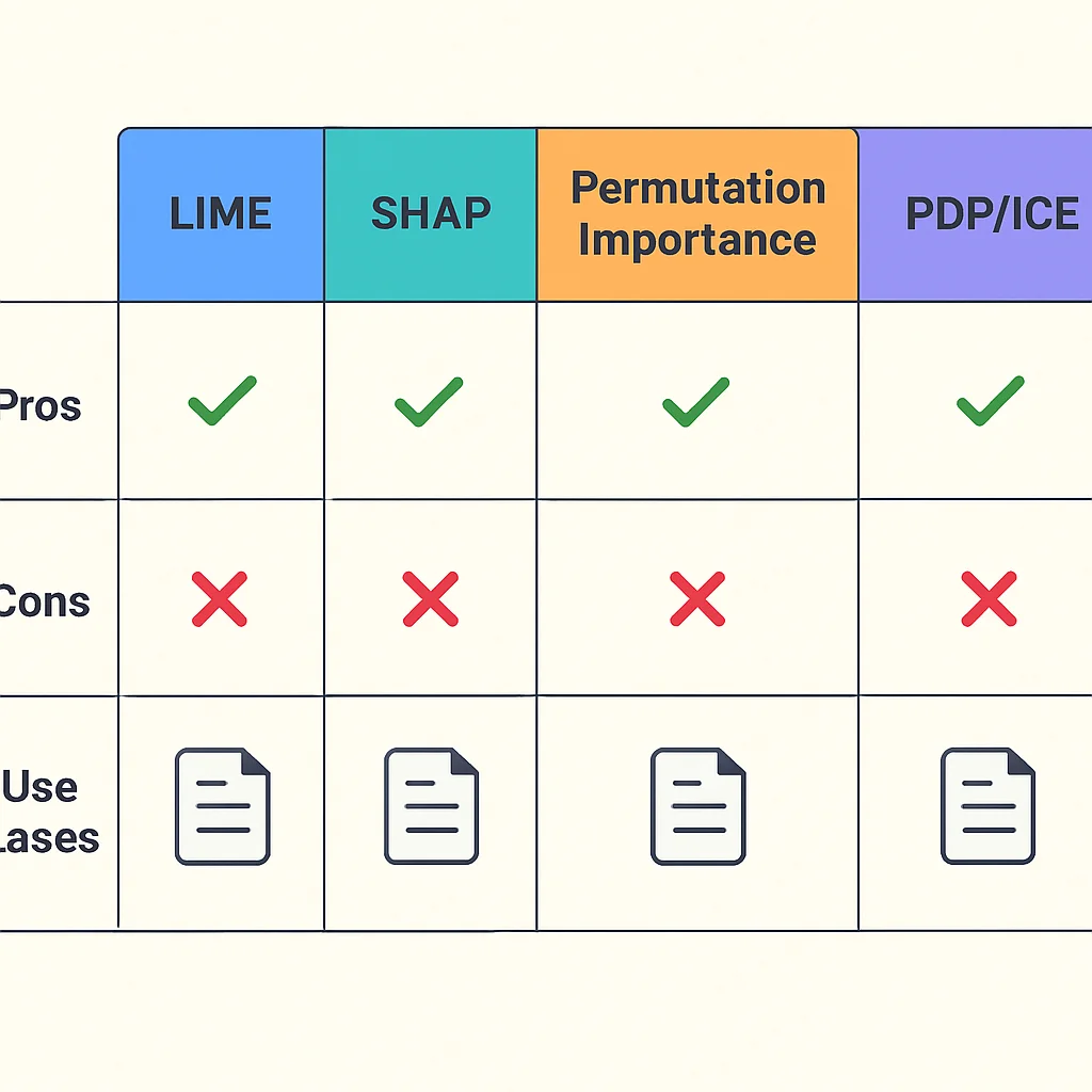Tableau comparatif des outils XAI (LIME, SHAP, Permutation Importance, PDP/ICE) avec leurs avantages, inconvénients et cas d'utilisation.