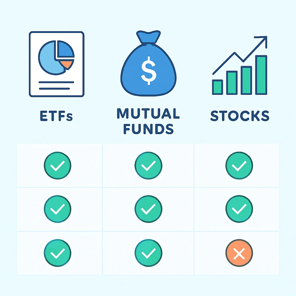 Tableau comparatif des ETF, fonds mutuels et actions, mettant en évidence la diversification, les frais et la liquidité