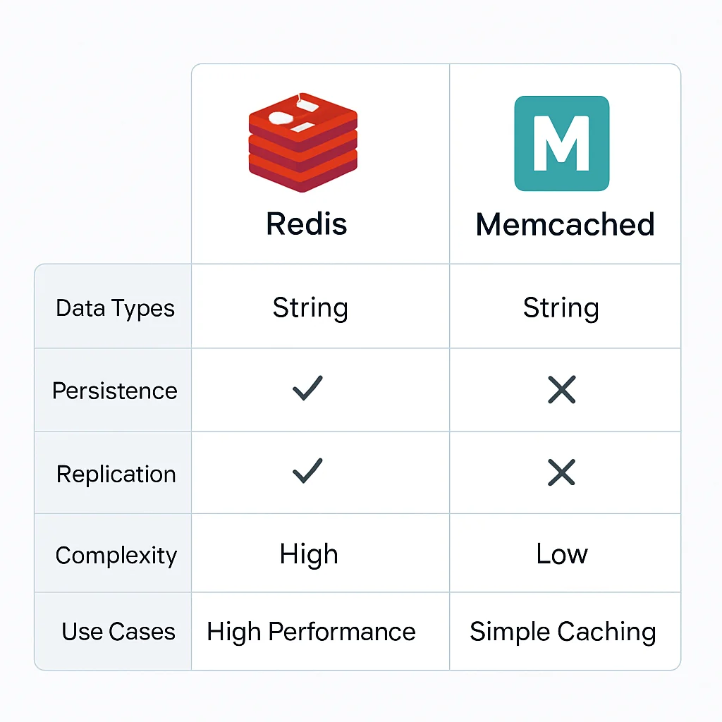 Tableau comparatif des fonctionnalités de Redis et Memcached, incluant les types de données, la persistance, la réplication, la complexité et les cas d'utilisation