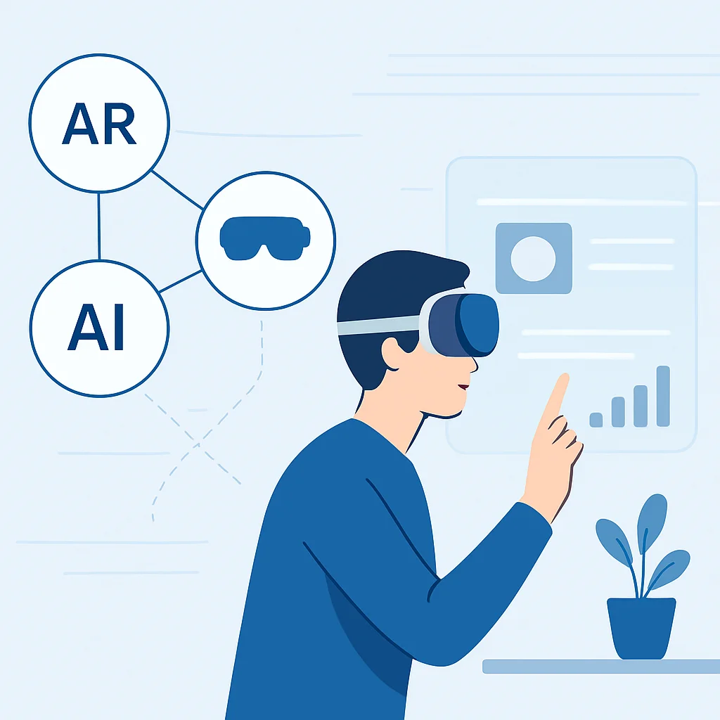 Diagramme conceptuel illustrant la convergence de l'AR, la VR et l'IA dans le Spatial Computing en 2026, montrant un utilisateur interagissant avec du contenu numérique intégré de manière transparente dans son environnement physique via un casque.