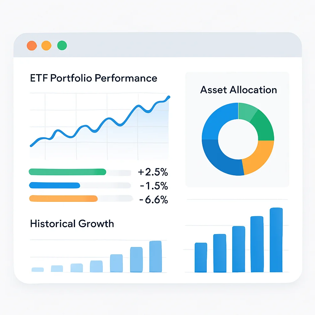 Capture d'écran d'un tableau de bord d'application de suivi financier personnel affichant la performance du portefeuille ETF, l'allocation d'actifs et la croissance historique