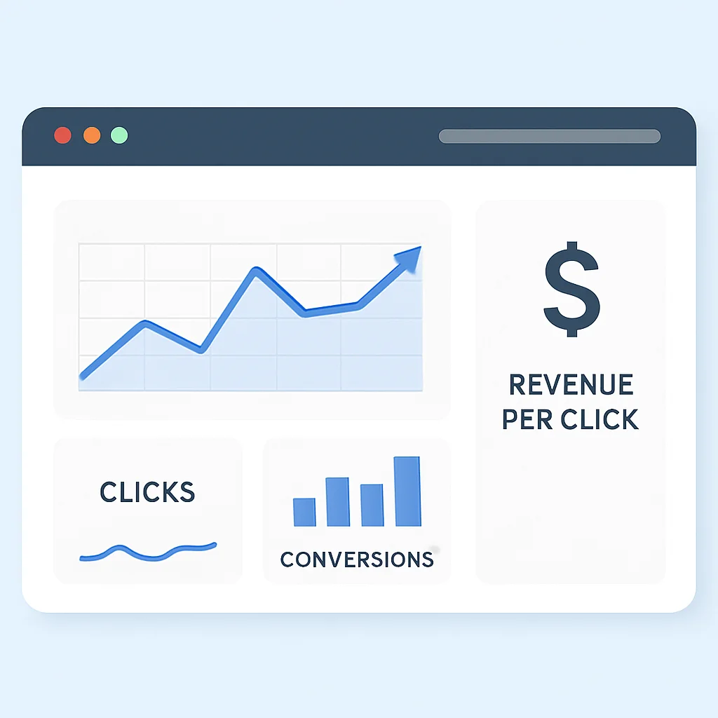 Tableau de bord affichant des analyses de marketing d'affiliation, incluant les clics, les conversions et les revenus par clic