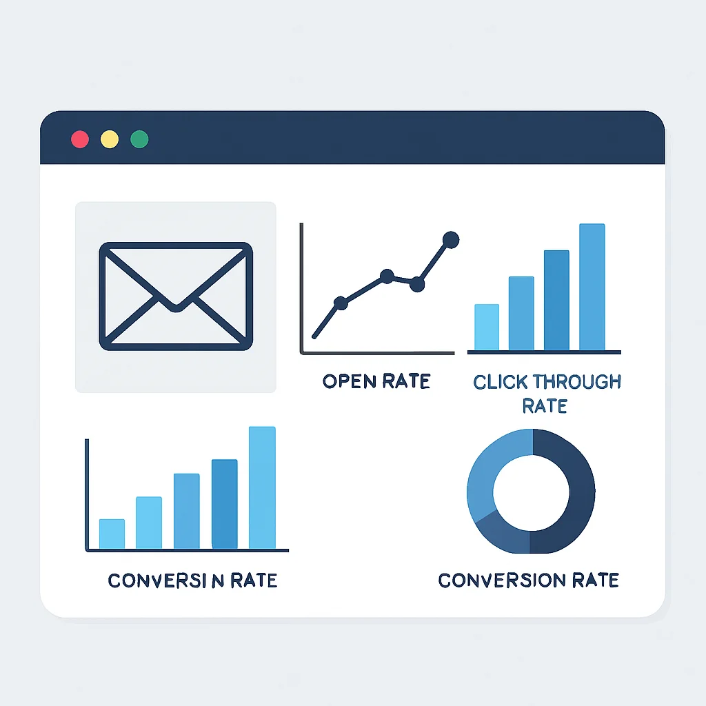 Tableau de bord affichant les analyses d'email marketing avec des graphiques pour le taux d'ouverture, le taux de clics et le taux de conversion, mettant en évidence les indicateurs clés de performance pour l'optimisation