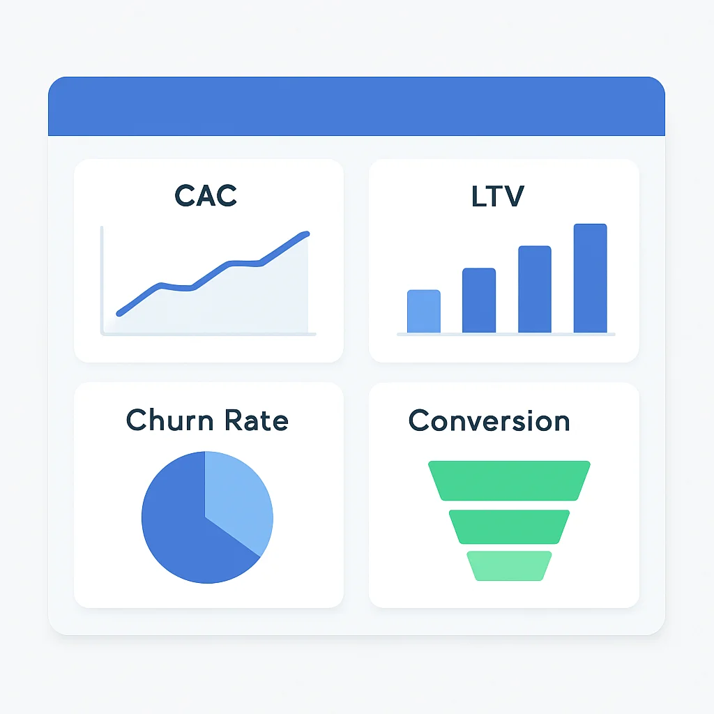Tableau de bord affichant les indicateurs clés de performance (KPI) pour une startup technologique, y compris le CAC, la LTV, le taux de désabonnement et les entonnoirs de conversion, avec un design clair et moderne