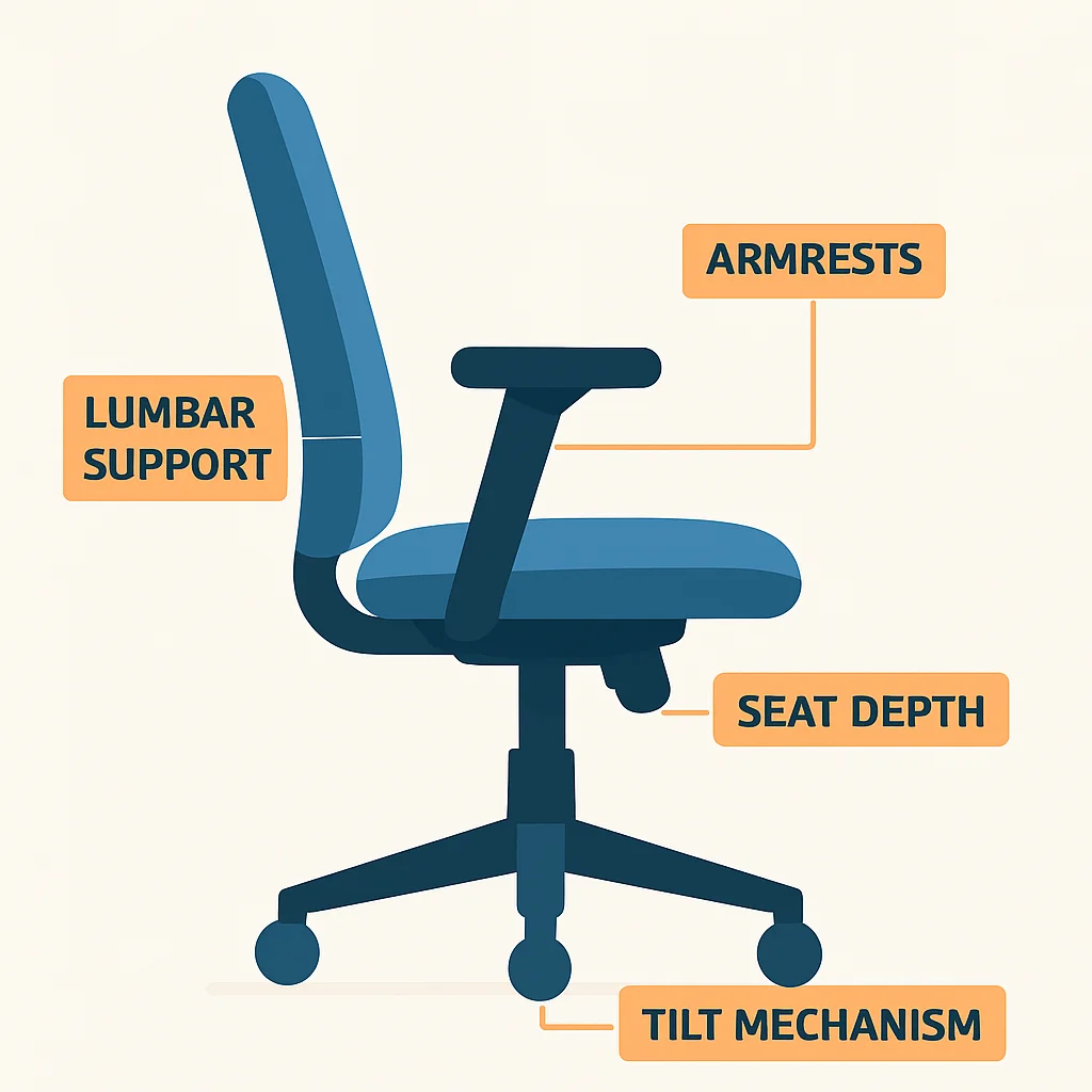 Diagramme détaillé montrant les différentes parties ajustables d'une chaise ergonomique (support lombaire, accoudoirs, profondeur d'assise, mécanisme d'inclinaison) avec étiquettes