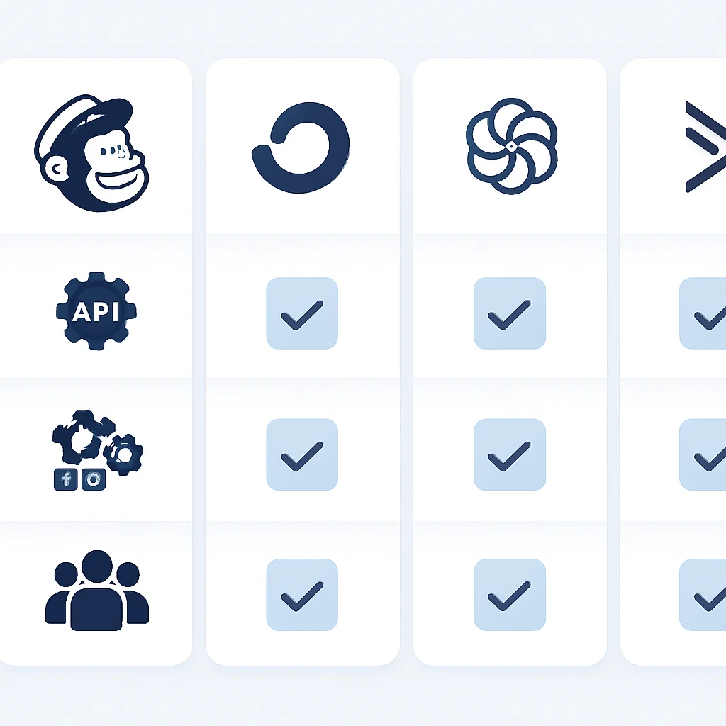Infographie détaillée comparant les fonctionnalités de Mailchimp, ConvertKit, Sendinblue et ActiveCampaign, mettant en évidence les capacités d'API, d'automatisation et de segmentation pertinentes pour les développeurs
