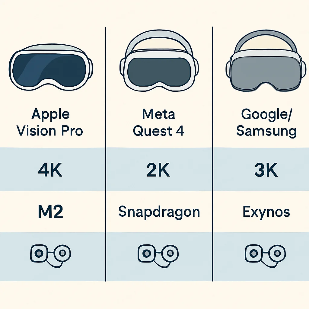 Infographie détaillée comparant les spécifications des principaux casques de Spatial Computing en 2026, incluant Apple Vision Pro, Meta Quest 4 et un appareil hypothétique Google/Samsung, axée sur la résolution de l'écran, la puissance de traitement et les types de capteurs.