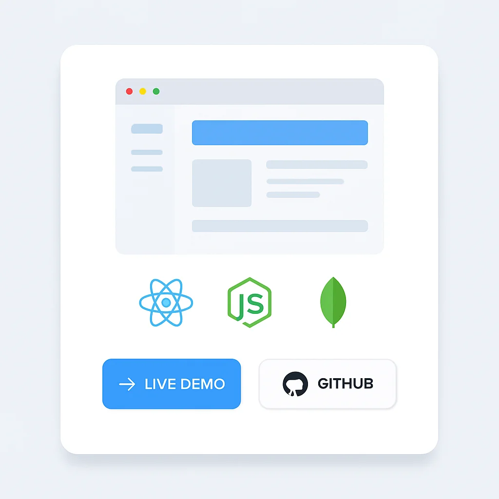 Carte de projet détaillée montrant une capture d'écran d'une application web, des icônes de pile technologique et des boutons pour la démo en direct et le dépôt GitHub.