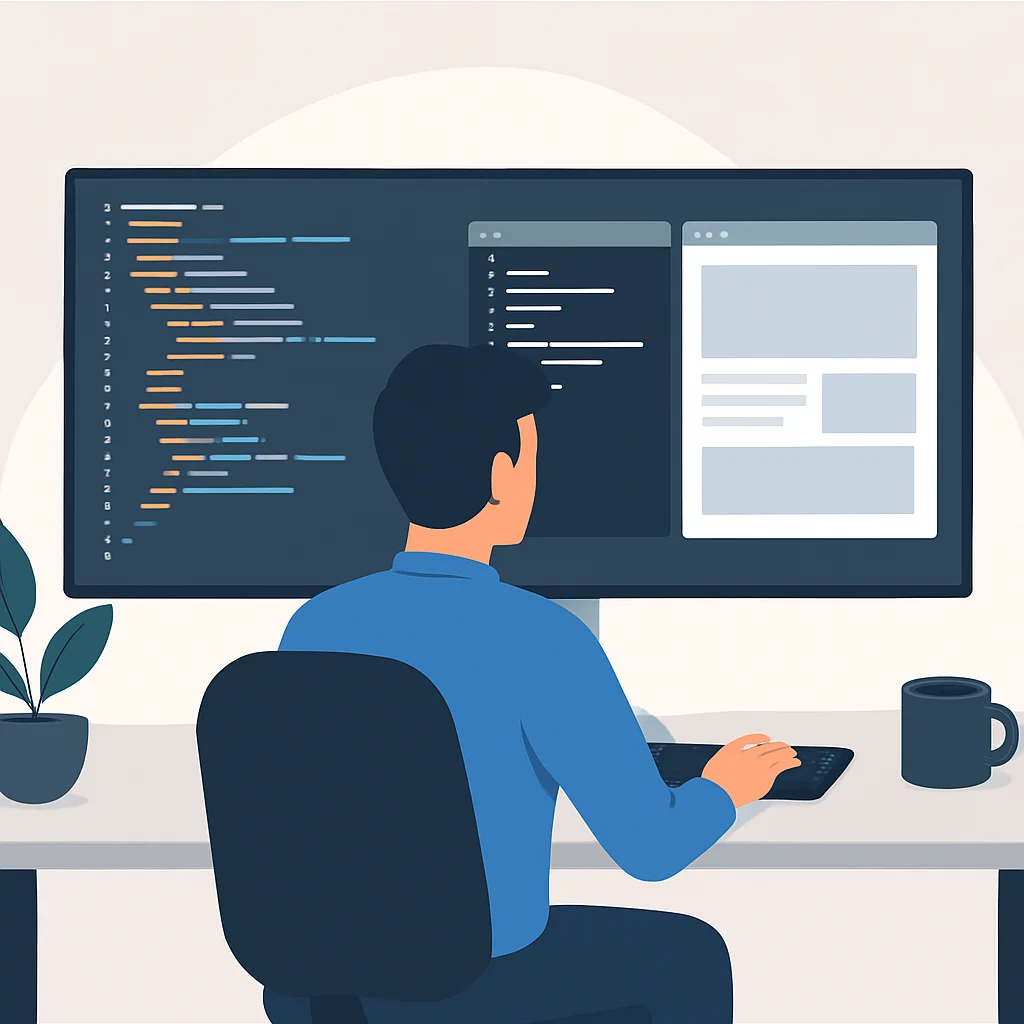 Un développeur codant sur un moniteur ultrawide avec plusieurs fenêtres ouvertes (éditeur de code, terminal, navigateur)