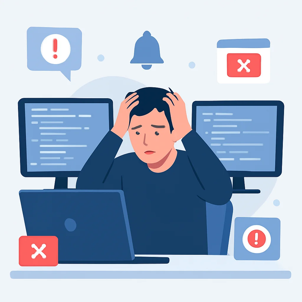 Développeur stressé devant plusieurs écrans, entouré de notifications