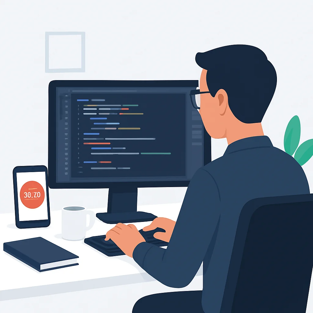 Développeur utilisant une application de minuteur Pomodoro sur un bureau rangé, concentré sur le code