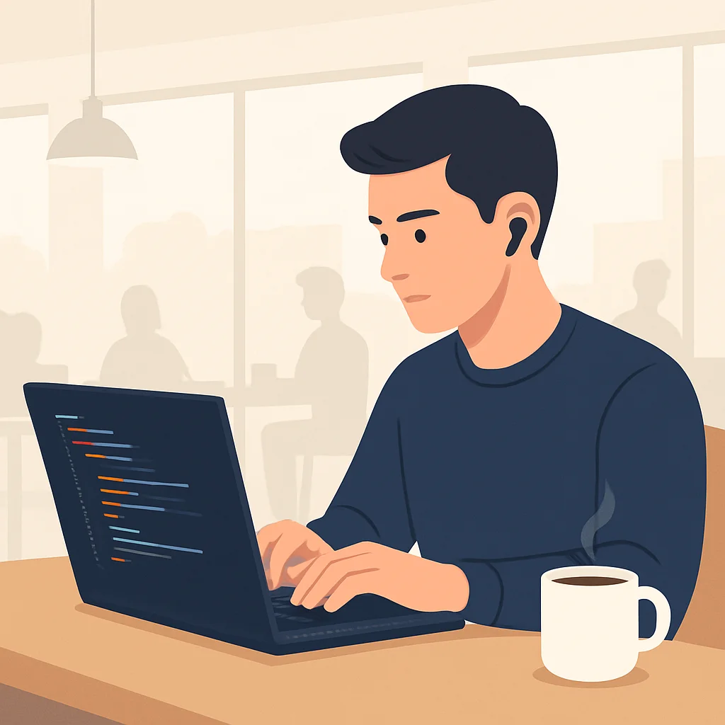 Développeur portant des écouteurs TWS, codant sur un ordinateur portable dans un café, illustrant la concentration malgré l'activité ambiante
