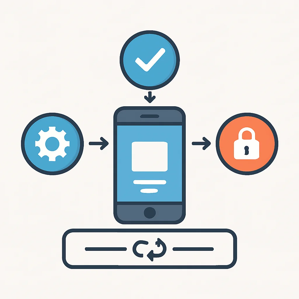Diagramme illustrant les étapes avancées du pipeline CI/CD mobile, incluant les tests, la qualité du code et les scans de sécurité