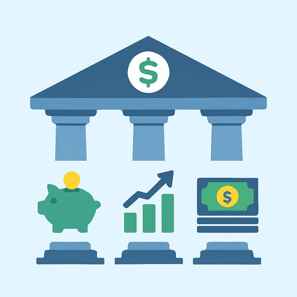 Diagramme illustrant le concept de l'indépendance financière et ses piliers (épargne, investissement, optimisation des revenus)