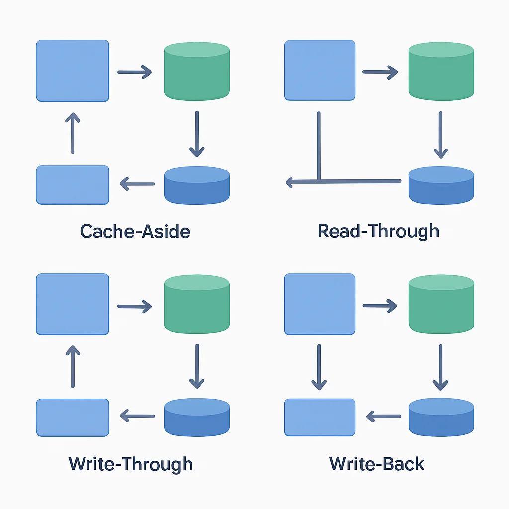 Diagramme illustrant les différents patterns de caching : Cache-Aside, Read-Through, Write-Through, Write-Back, montrant le flux de données entre application, cache et base de données