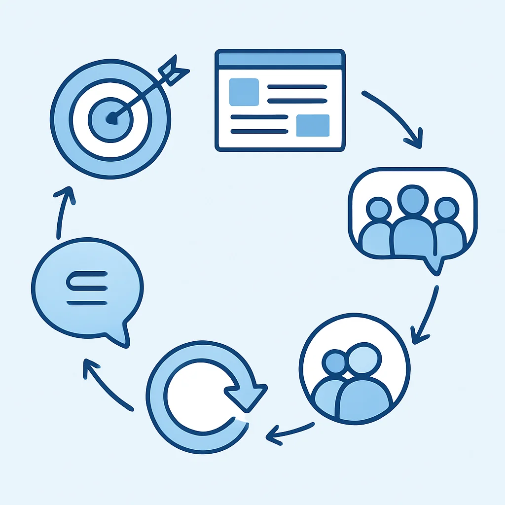 Diagramme montrant un processus cyclique de réseautage : Définir les objectifs -> Optimiser la présence en ligne -> Engager les communautés -> Communiquer efficacement -> Faire un suivi -> Répéter. » width= »800&Prime; height= »450&Prime; loading= »lazy » decoding= »async » style= »width: 100%; height: auto; border: 1px solid #e9ecef; »></p><p style=