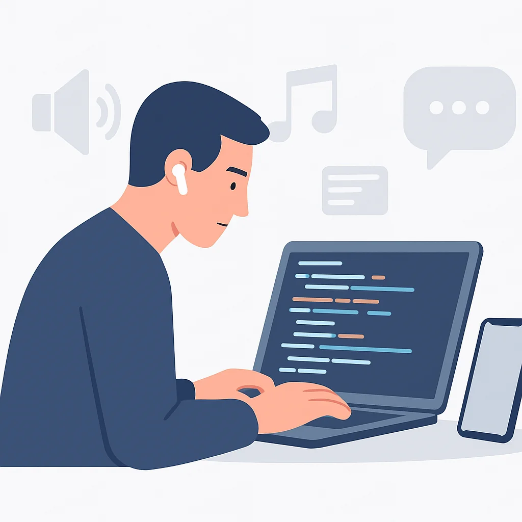 Diagramme montrant un développeur portant des écouteurs TWS, concentré sur du code avec des bruits de fond estompés, connecté à un ordinateur portable et un téléphone