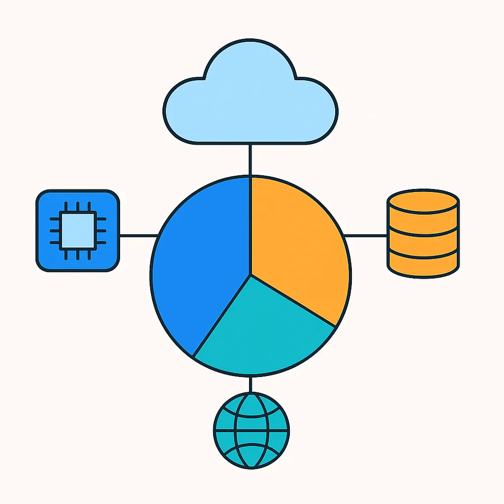 Diagramme de répartition des coûts cloud par service (calcul, stockage, réseau) pour une application typique