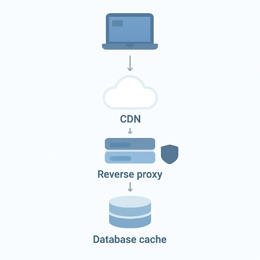 Diagramme des différents niveaux de caching dans une architecture web typique, du client au CDN, proxy inverse, cache applicatif et cache de base de données