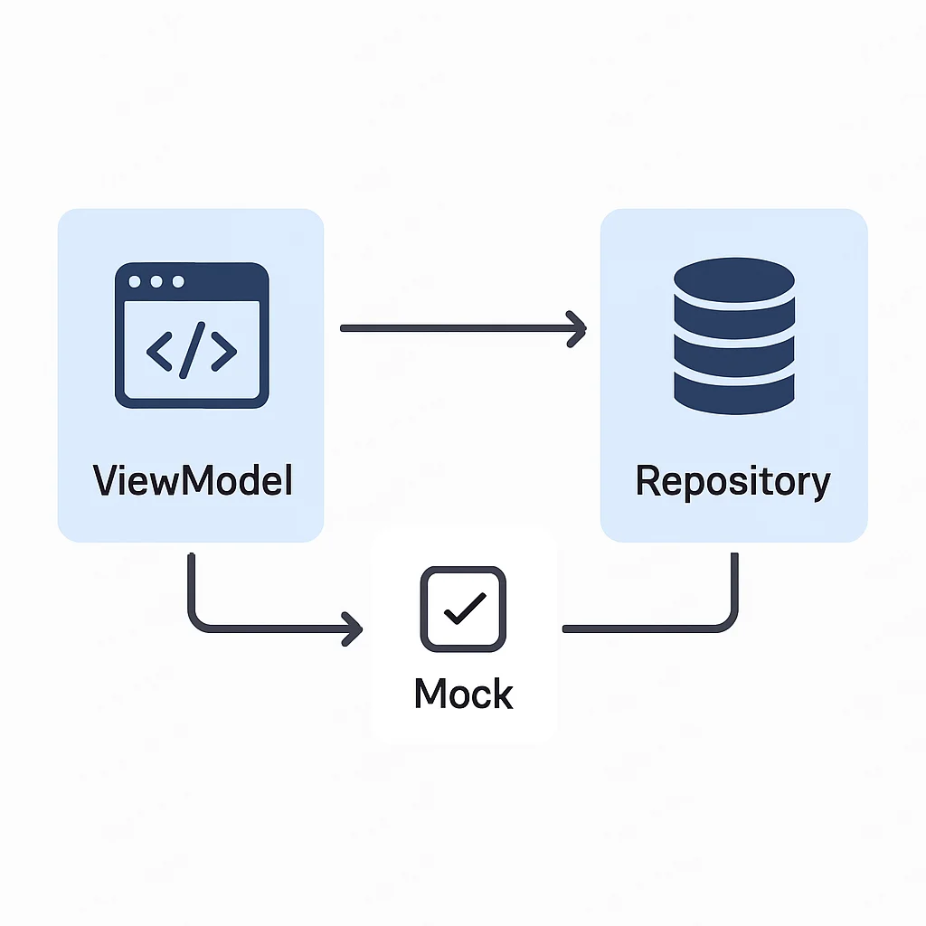 Diagramme montrant les tests d'intégration entre un ViewModel et un Repository avec des dépendances mockées