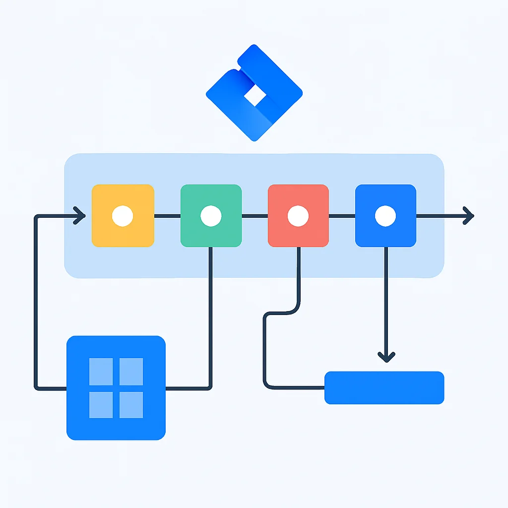 Diagramme illustrant la personnalisation des workflows Jira avec types de tickets et transitions
