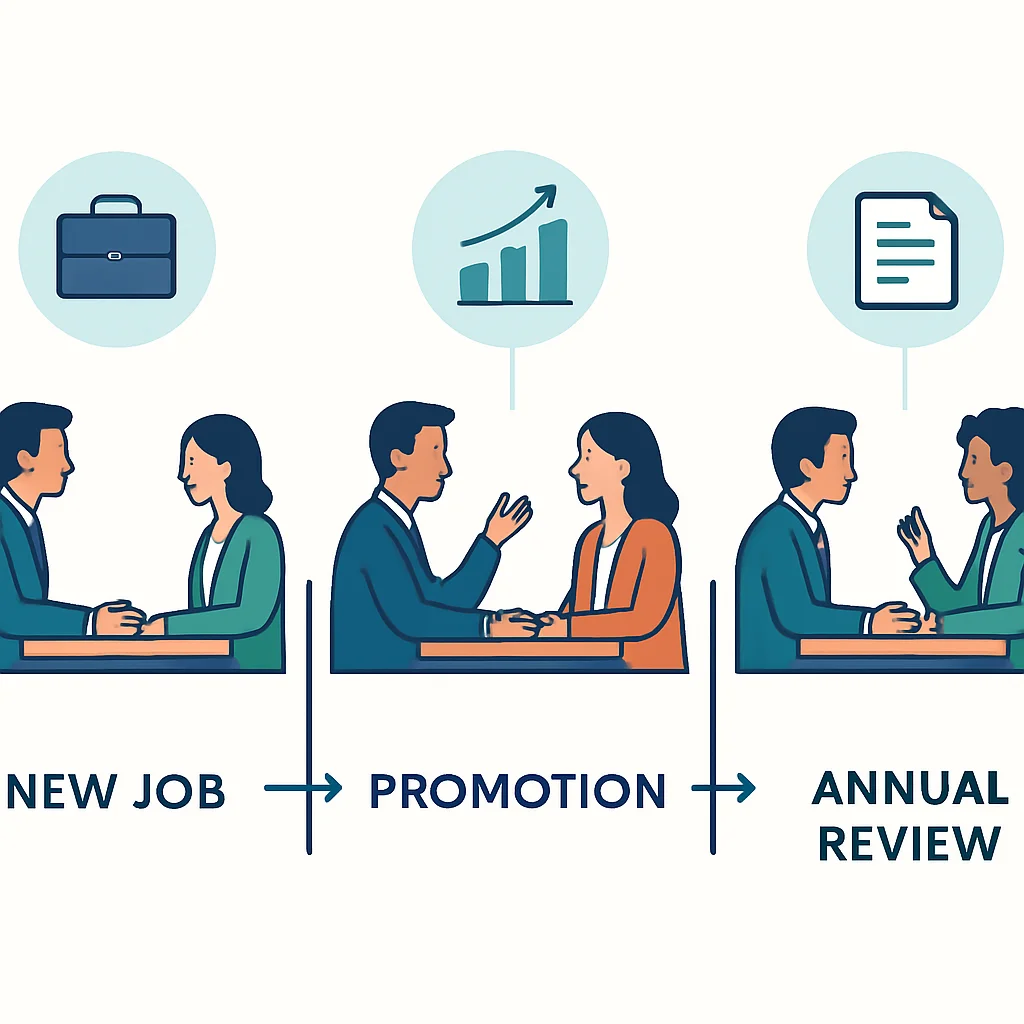 Diagramme montrant les stratégies de négociation pour différentes étapes de carrière (nouvel emploi, promotion, évaluation annuelle)