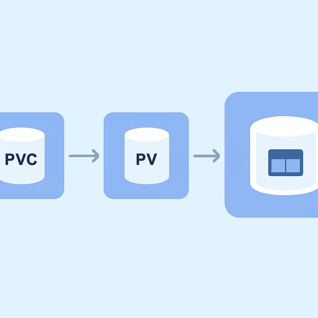 Diagramme montrant le processus de réclamation de volume persistant (PVC) lié à un volume persistant (PV) et monté dans un Pod pour la persistance des données.