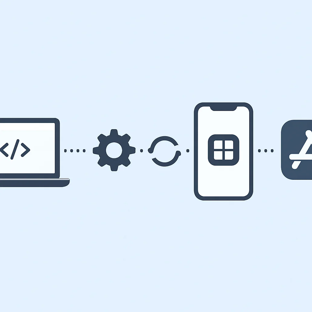 Diagramme montrant le pipeline CI/CD pour applications mobiles, illustrant les étapes du commit de code au déploiement sur les magasins d'applications