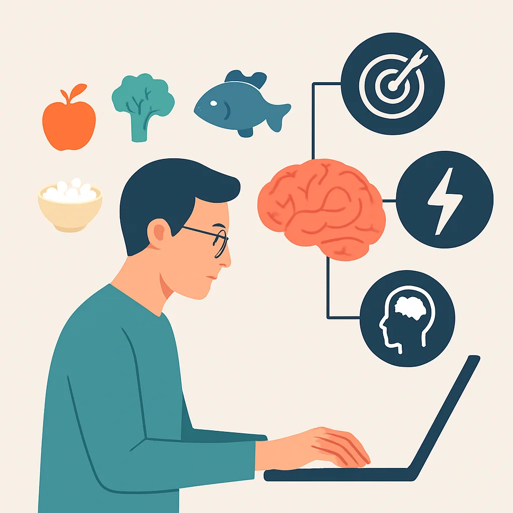 Diagramme illustrant l'impact d'une alimentation saine sur le cerveau d'un développeur, améliorant la concentration, la mémoire et l'énergie