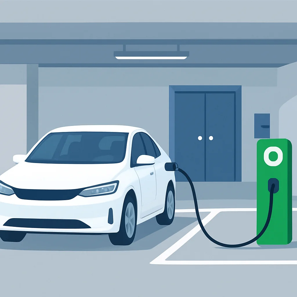 Station de recharge de véhicule électrique dans un parking souterrain résidentiel, illustrant l'installation en copropriété
