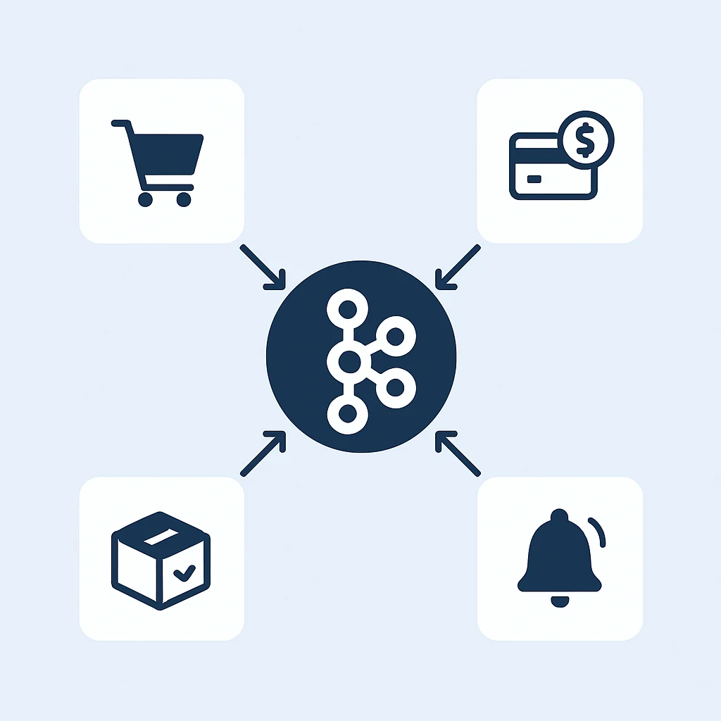 Diagramme d'architecture microservices événementielle montrant un bus Kafka central connectant le service de commande, le service de paiement, le service d'inventaire et le service de notification