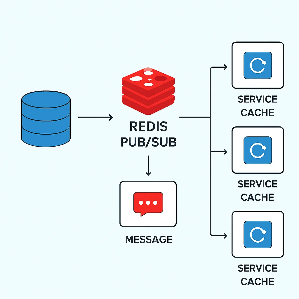 Organigramme illustrant l'invalidation de cache basée sur les événements via Redis Pub/Sub, montrant comment une mise à jour de base de données déclenche un message pour invalider les entrées de cache dans plusieurs services