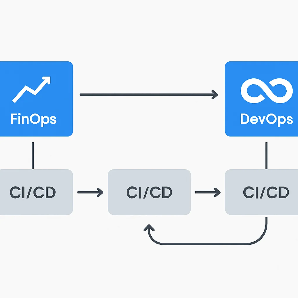 Organigramme montrant l'intégration de FinOps dans un pipeline CI/CD DevOps