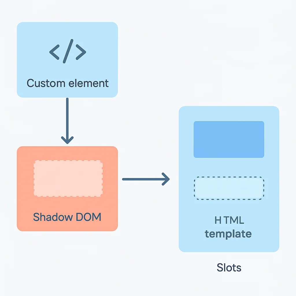 Organigramme montrant l'interaction entre les Custom Elements, le Shadow DOM et les HTML Templates avec slots