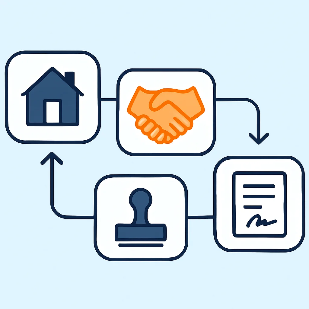 Organigramme des étapes d'une vente immobilière : Offre, Compromis, Notaire, Acte