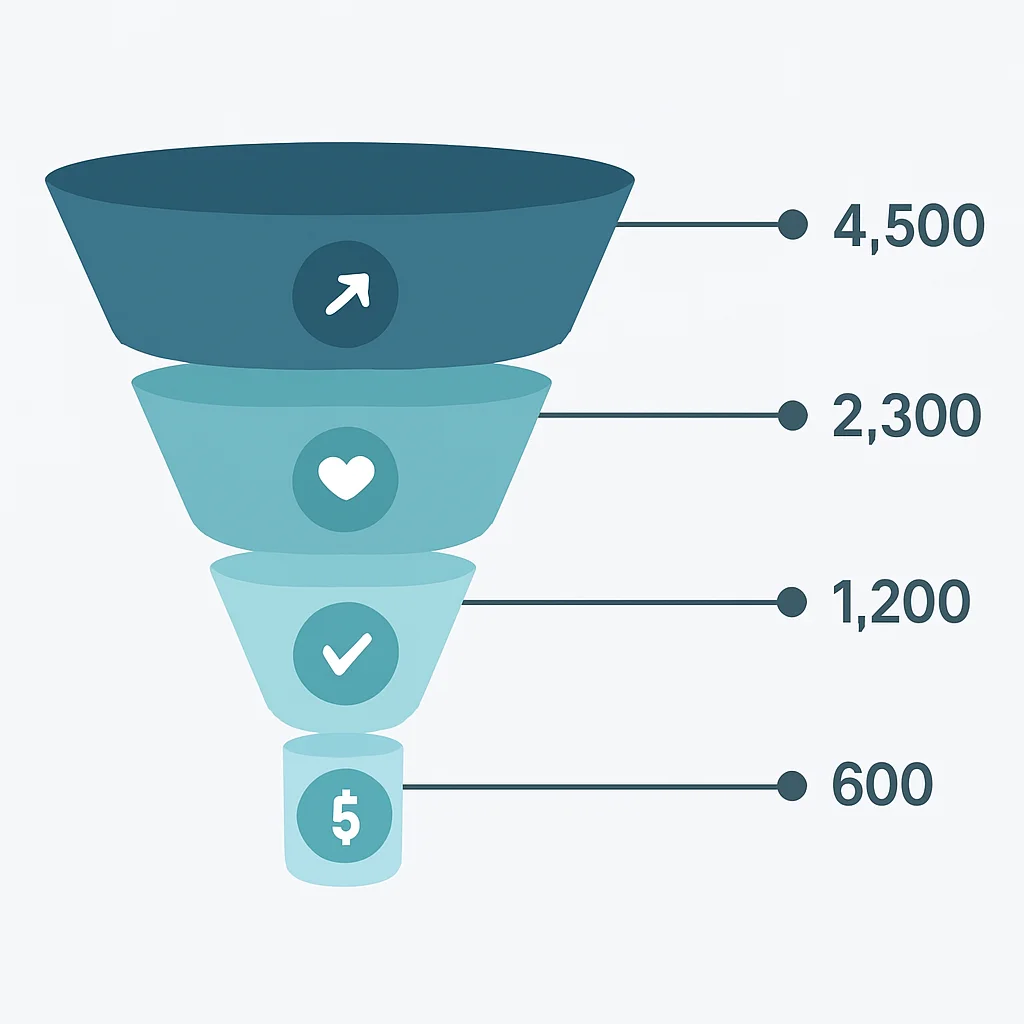 Diagramme de l'entonnoir d'acquisition utilisateur, de la notoriété à la conversion, avec des points de données à chaque étape