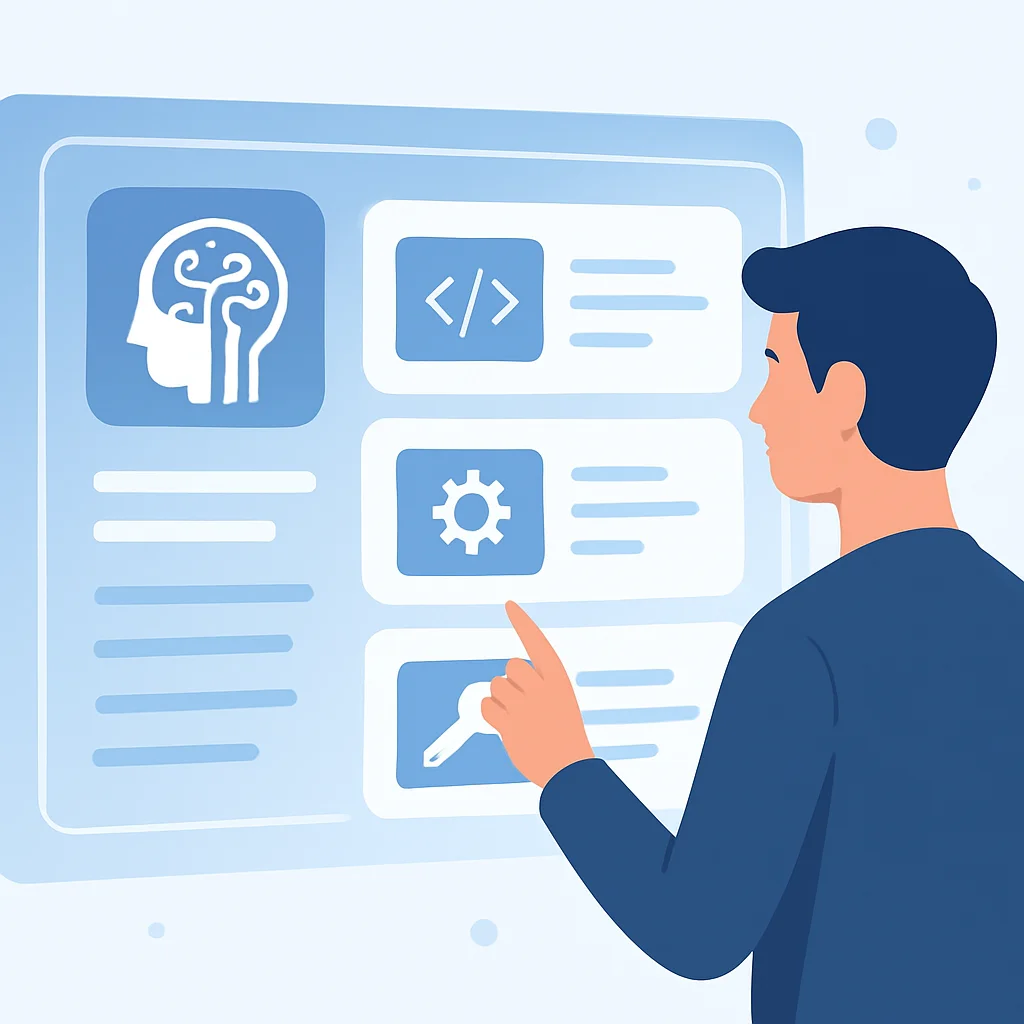 Interface numérique futuriste montrant des recommandations personnalisées d'outils de développement basées sur l'IA