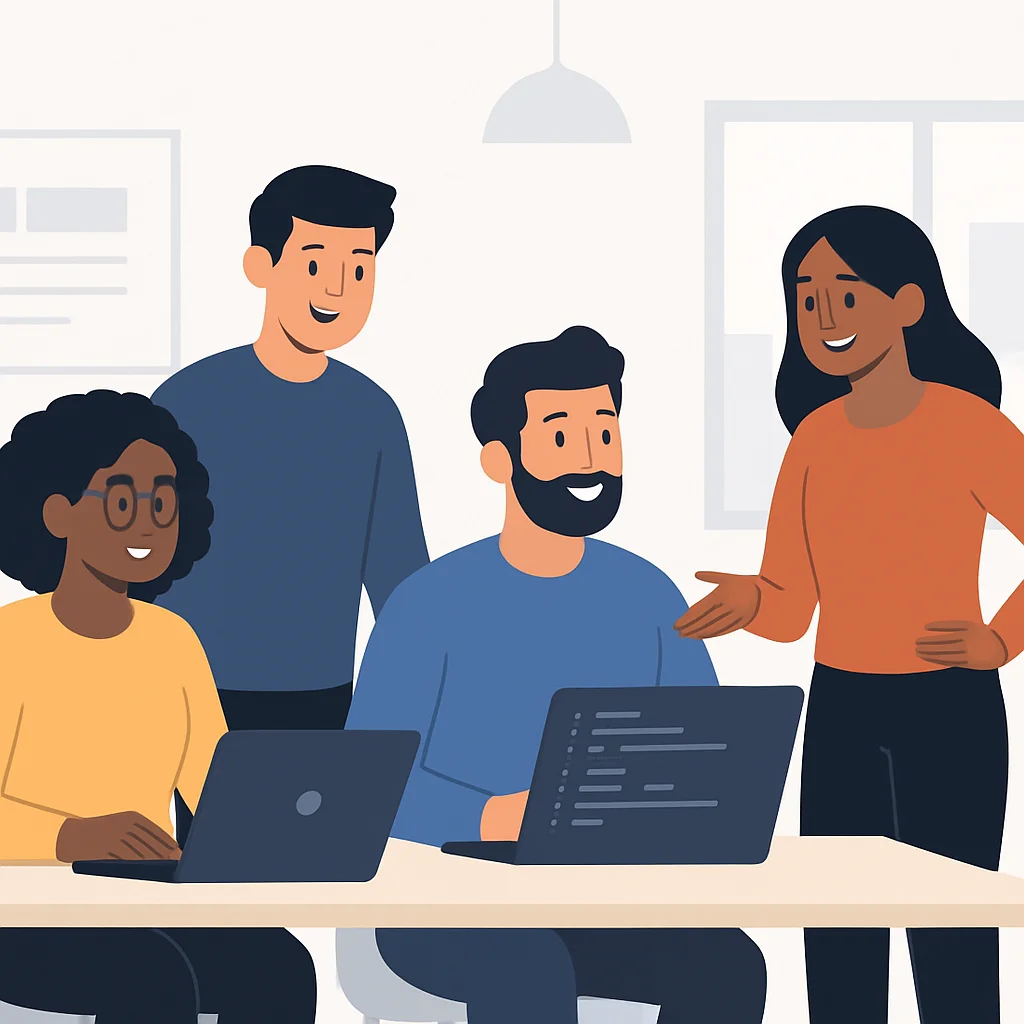 Groupe de développeurs diversifiés collaborant et souriant dans un environnement de bureau moderne