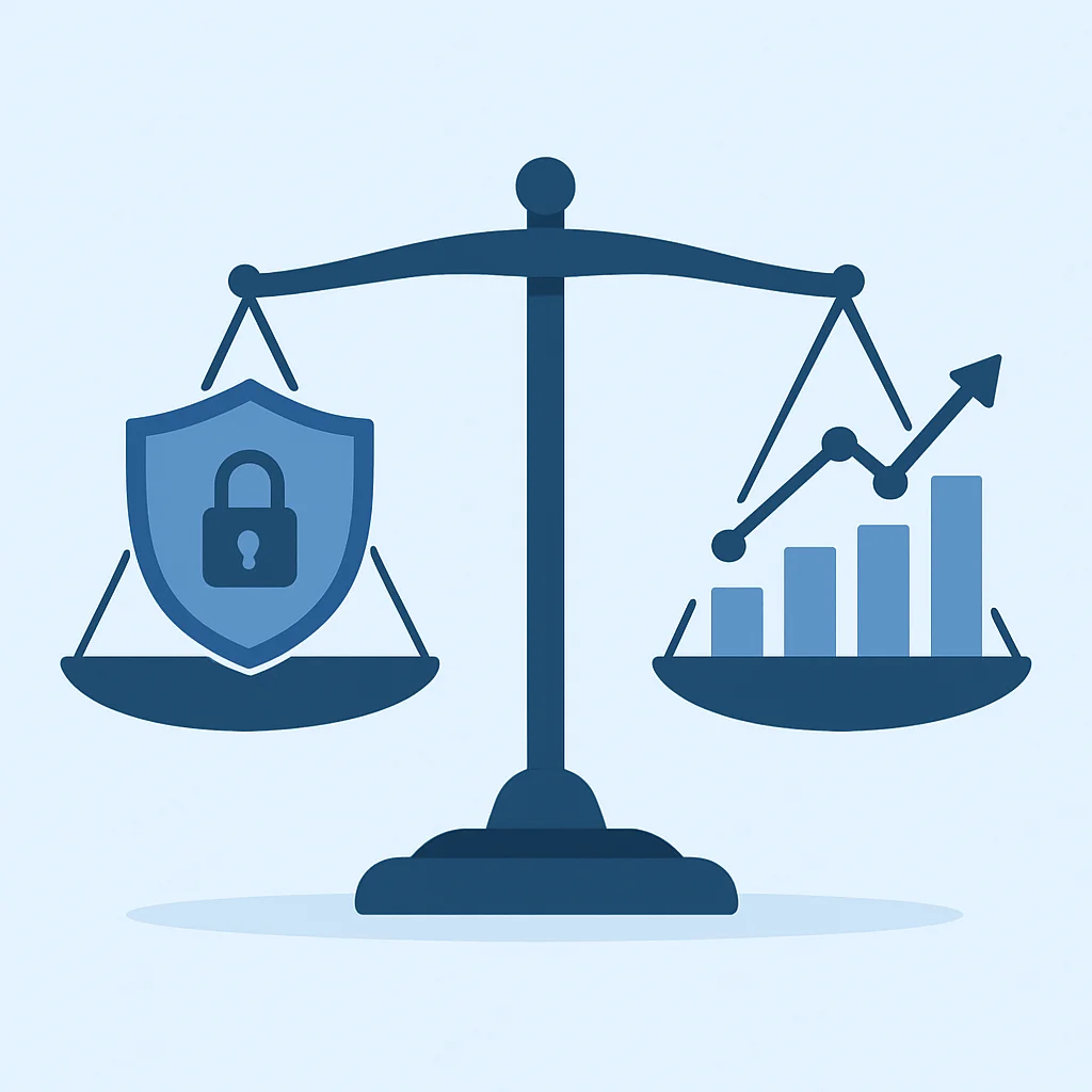 Illustration montrant un équilibre entre la confidentialité des utilisateurs (représentée par un cadenas ou un bouclier) et la croissance basée sur les données (représentée par des graphiques), soulignant le growth hacking éthique