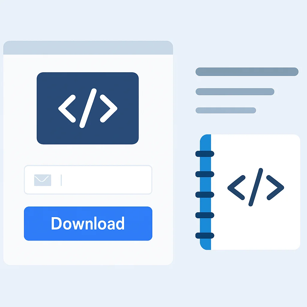 Illustration d'une page de destination pour développeurs avec un appel à l'action clair pour télécharger une 'cheat sheet' de code, montrant un formulaire d'abonnement simple