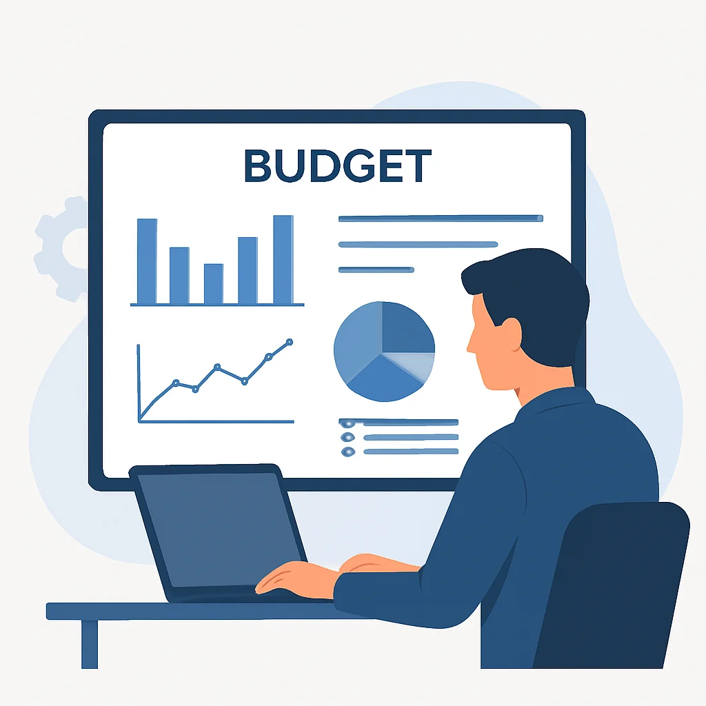 Illustration d'un développeur consultant un tableau de bord budgétaire avec des graphiques financiers