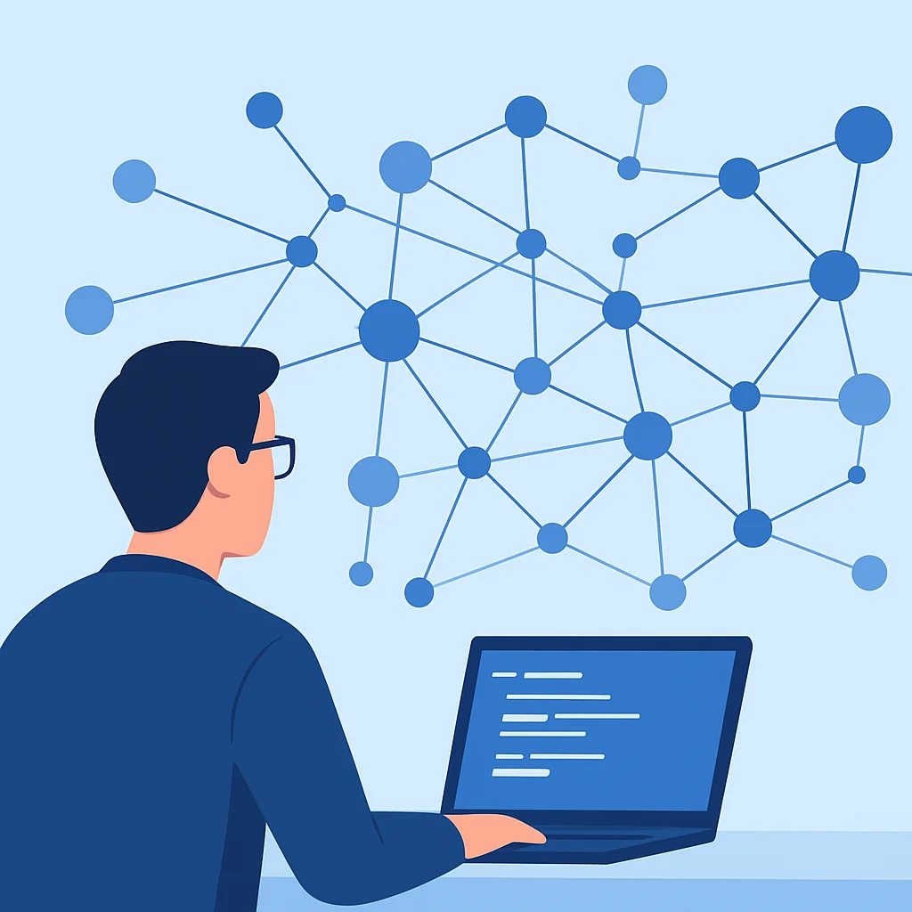 Illustration d'un développeur observant un réseau complexe de nœuds interconnectés, représentant les opportunités de carrière et les relations professionnelles.