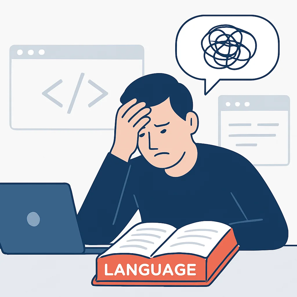 Illustration d'un développeur frustré devant un manuel de langue, symbolisant l'épuisement