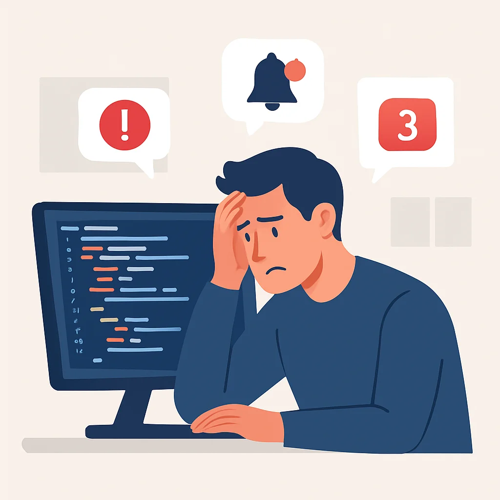 Illustration d'un développeur stressé devant un écran d'ordinateur avec de multiples notifications et du code complexe
