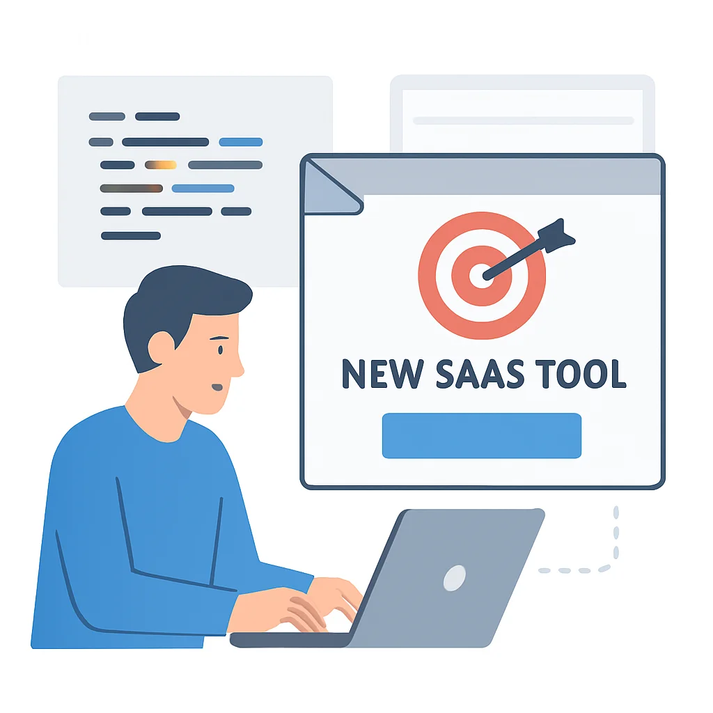 Illustration d'un développeur recevant un email ciblé promouvant un nouvel outil SaaS, avec des extraits de code et des boutons d'appel à l'action clairs