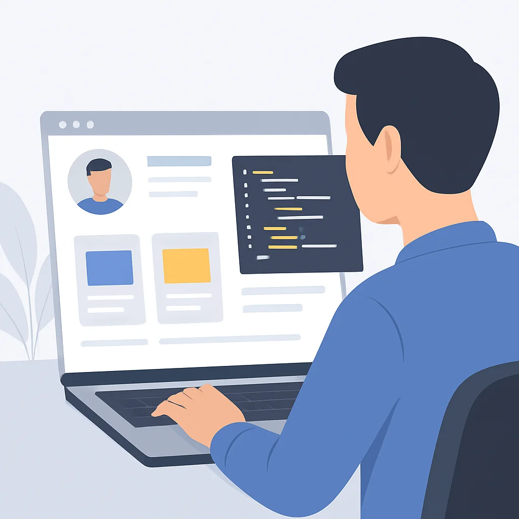 Illustration d'un site web de portfolio de développeur avec des cartes de projets et des extraits de code, montrant un recruteur le consultant sur un ordinateur portable.